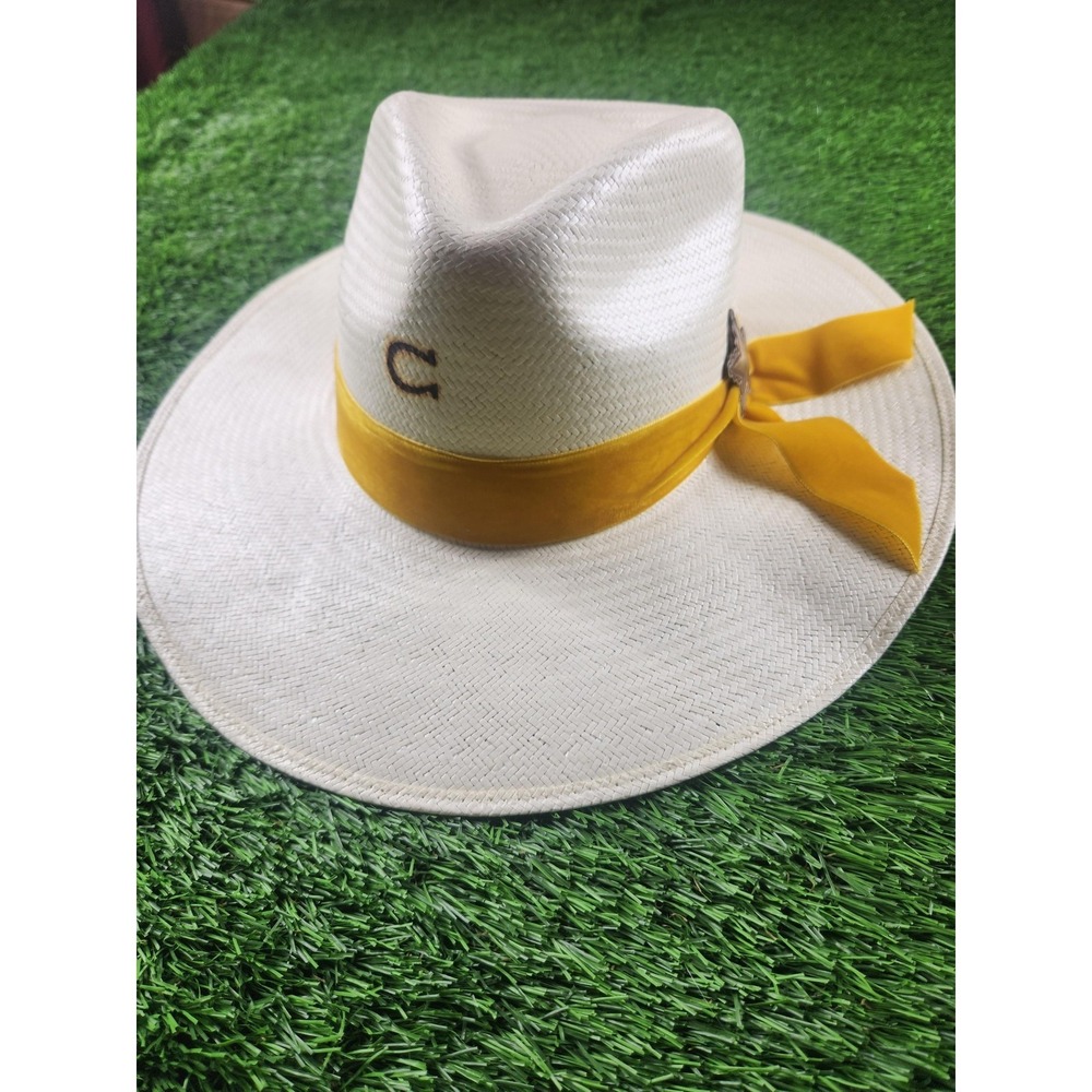 Charlie 1 Horse Cowboy Hat Mens‎ 7 3/8 White Straw Wide Brim Yellow Band Western